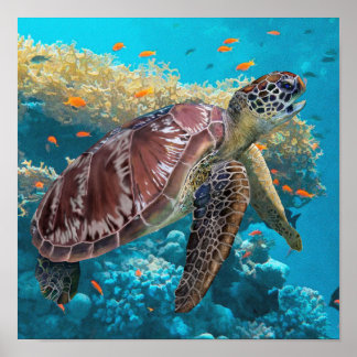 Poster Tartaruga do Mar Verde Nadando Perto do Recife de