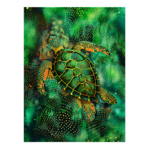 Pôster Tartaruga do Mar Verde no Estilo de Arte Dot Abori