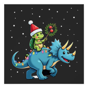 Pôster Tartaruga do Papai Noel Montando Rena T-Rex Luz de
