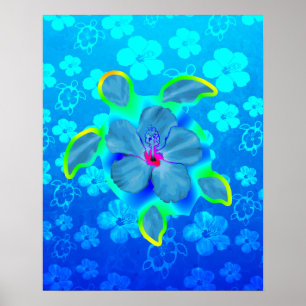Poster Tartaruga e hibiscus tropicais de Honu