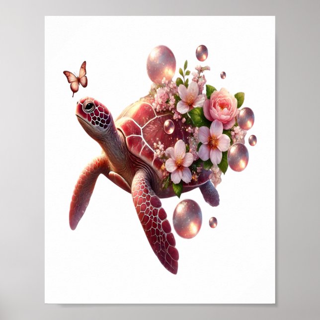 Poster Tartaruga Floral Boho, Flor Rosa (Frente)