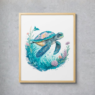 Poster Tartaruga Marinha Animal Marinho Aquarela