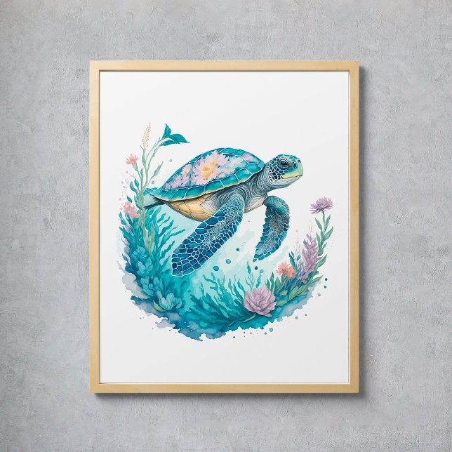 Poster Tartaruga Marinha Animal Marinho Aquarela (Watercolor Sea Turtle Marine Animal Poster
)