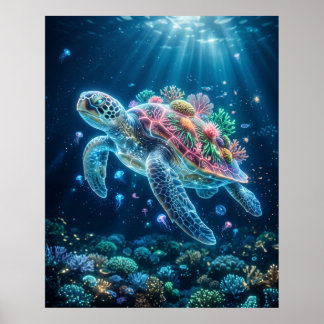 Poster Tartaruga Marinha Arte de Deriva Bioluminosa