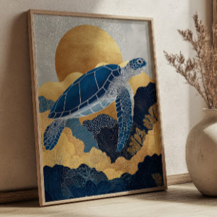 Poster Tartaruga Marinha Azul Marinho & Dourado Kintsugi 