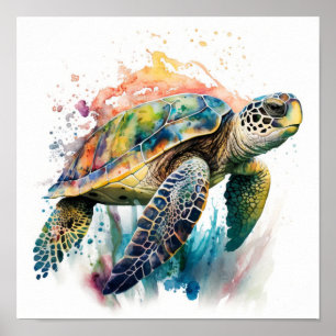 Poster Tartaruga Marinha Colorida com Salpicos em Estilo