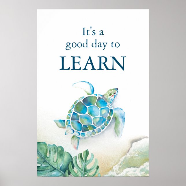 Poster Tartaruga Marinha e Folhas de Monstera em Aquarela (Frente)