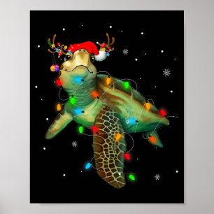 Poster Tartaruga Marinha Luzes de Natal Chapéu Engraçado