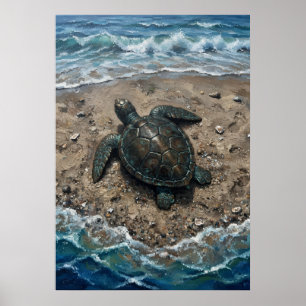 Poster Tartaruga Marinha na Praia Arenosa Onda do Oceano