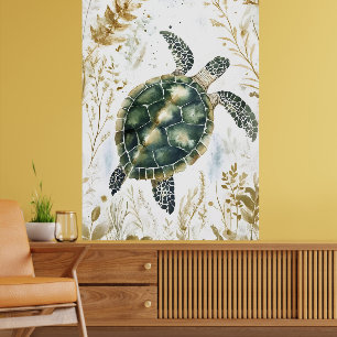 Poster tartaruga marinha nadando cercada por padrões flor