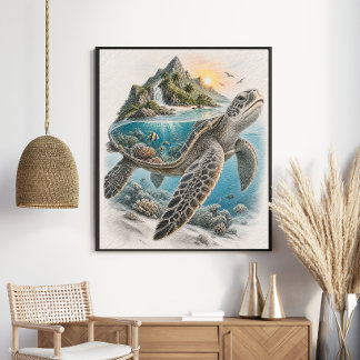 Poster Tartaruga Marinha Recife de Coral da Ilha Tropical