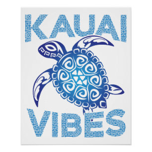 Pôster Tartaruga Marinha Tribal Azul Polinésio Kauai Vibe
