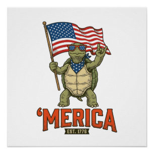 Pôster Tartaruga Patriótica ‘Merica Vetor Vintage