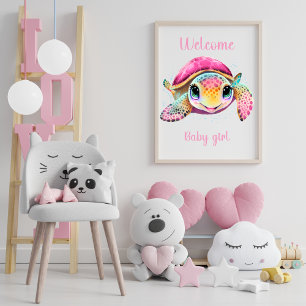 POSTER TARTARUGA ROSA BEM-VINDA BEBÊ MENINA