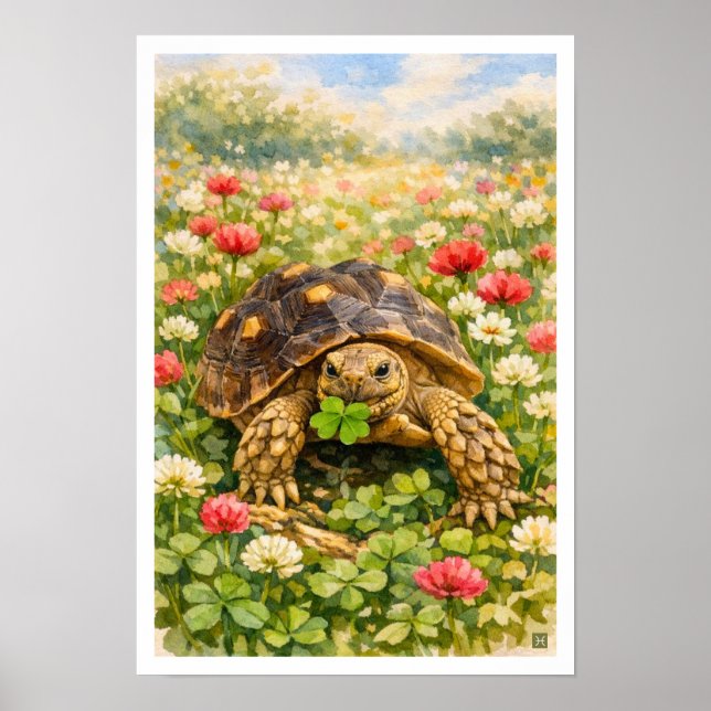 Poster Tartaruga Sulcata em aquarela com trevo da sorte (Frente)