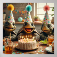 Tartarugas celebrando aniversário com bolo e chapé