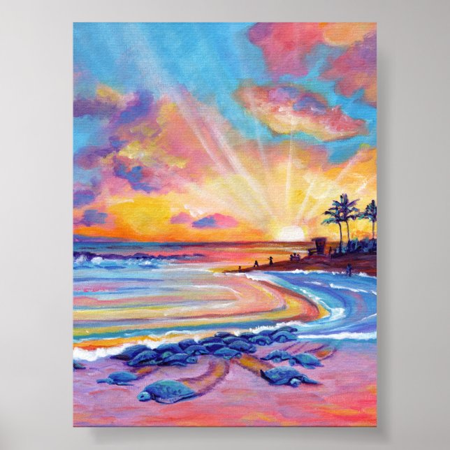 Poster Tartarugas marinhas em Poipu Beach Kauai em Sunset (Frente)