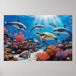 Poster Tartarugas Marinhas & Golfinhos em Colorido Jardim