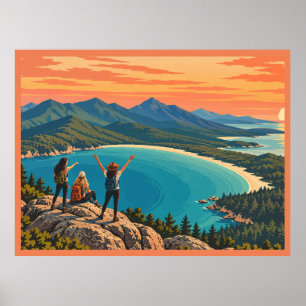 Poster Tasmânia Vintage Meninas Caminhando Pôr do Sol 