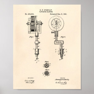 Pôster Tattooing Machine 1891 Patent Art Old Peper