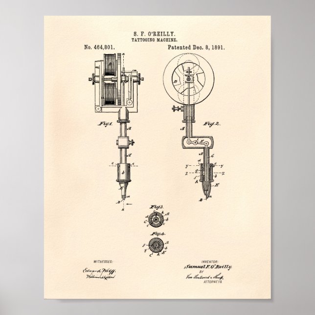 Pôster Tattooing Machine 1891 Patent Art Old Peper (Frente)