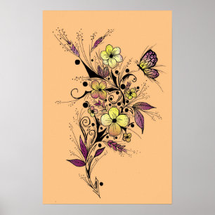 Poster Tatuagem da Flor em Amarelo e Roxo