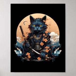 Poster Tatuagem de Camisa de Gato de Samurai Japonês Boni