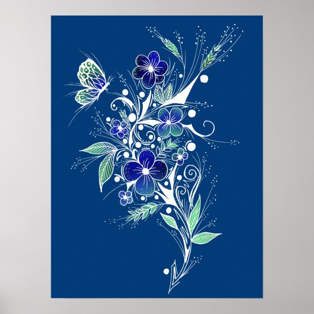 Poster Tatuagem de Flor Azul (Frente)