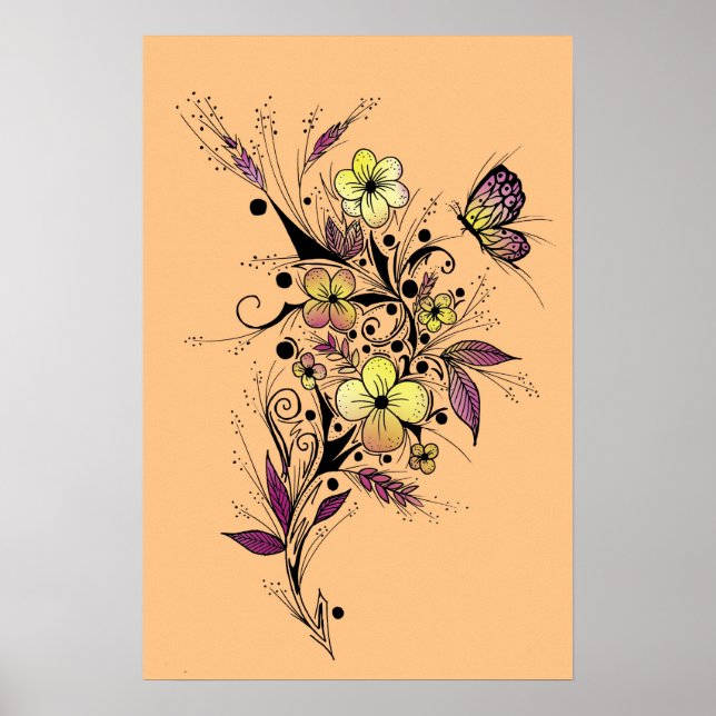 Poster Tatuagem de Flor em Amarelo e Roxo (Frente)