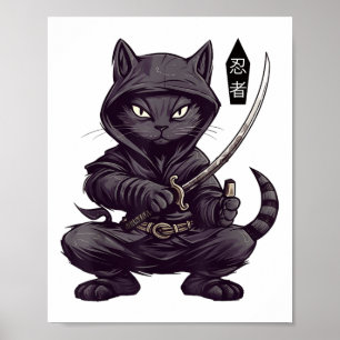 Poster Tatuagem de Gato Preto Samurai Japonês, Kawaii Nin