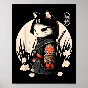 Poster Tatuagem de Gato Samurai Japonês, Kawaii Ninja Cat