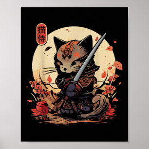 Poster Tatuagem de Gato Samurai Japonês, Kawaii Ninja Cat