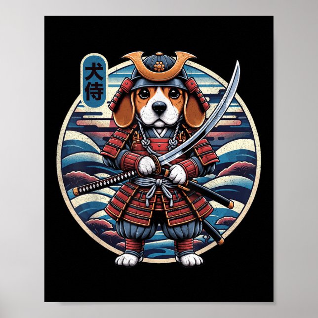 Poster Tatuagem do cão Samurai japonês, Beagle Kawaii Nin (Frente)