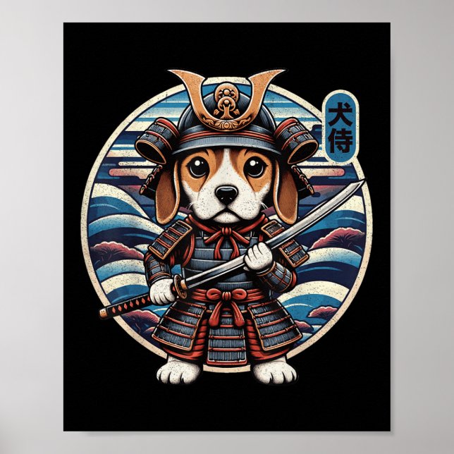 Poster Tatuagem do cão Samurai japonês, Beagle Kawaii Nin (Frente)