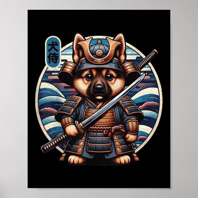 Poster Tatuagem do cão Samurai japonês, German shepherd K (Frente)