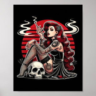 Poster Tatuagem Goth Pin-up Garota Com Caveira Horror Vin