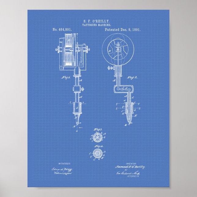 Pôster Tatuagem Machine 1891 Patent Art Blueprint (Frente)