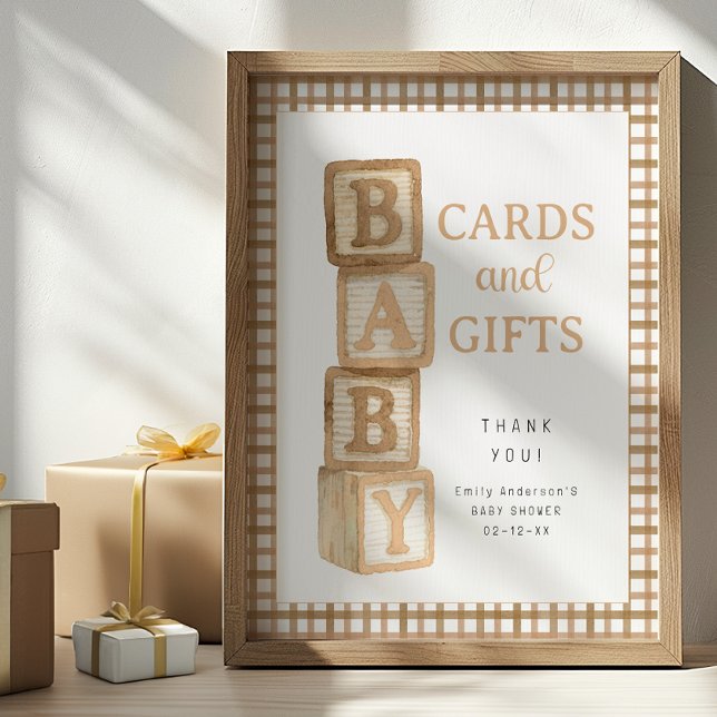 Poster Taupe Baby Blocks Cards and Gifts Baby Shower Sign (Cards & Gifts Baby Shower Sign)