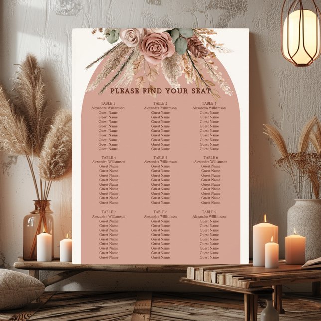 Poster Taupe ivory pampas grass wedding seating chart (Criador carregado)