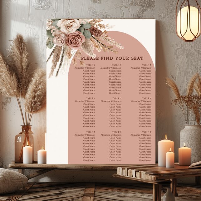 Poster Taupe pampas grass wedding seating chart (Criador carregado)