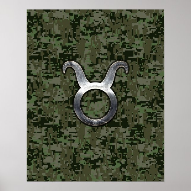 Poster Taurus Zodiac Símbolo do Camo Digital Verde (Frente)