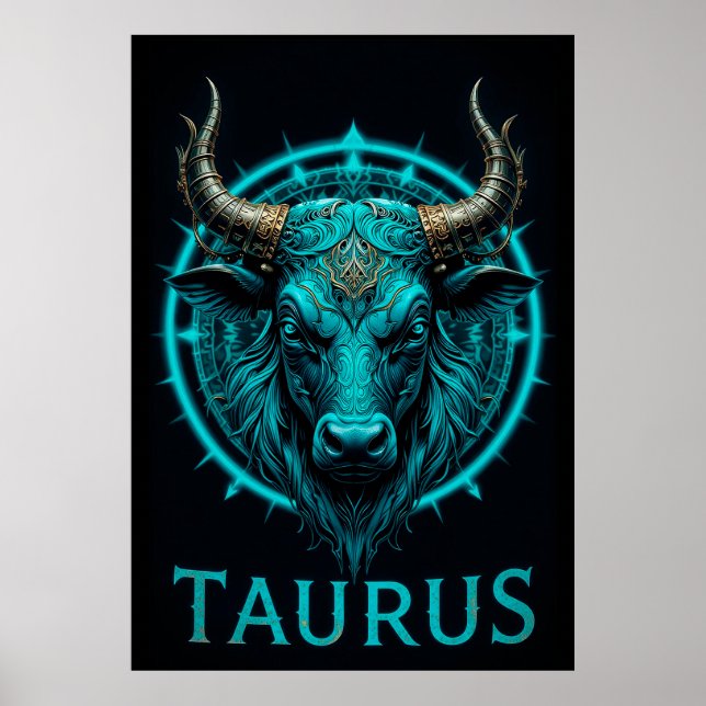 Poster Taurus Zodiac Símbolo em Azul Vibrante e Dourado A (Frente)