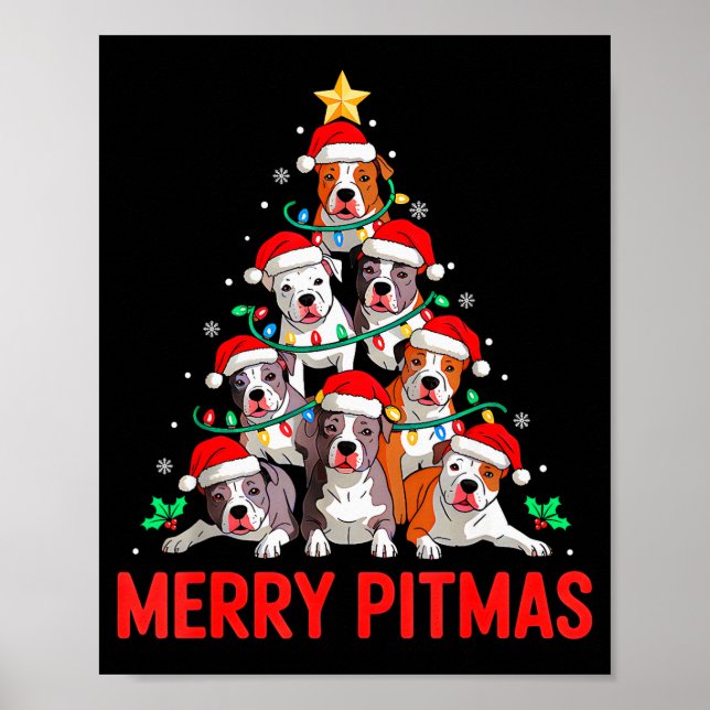 Poster Tbull Dog Tree Xmas Light Santa Hat Christmas Merr (Frente)