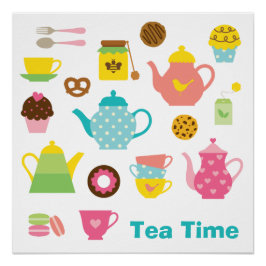 Pôster Tea Time Poster – Cute Pastel Teapots & Sweets