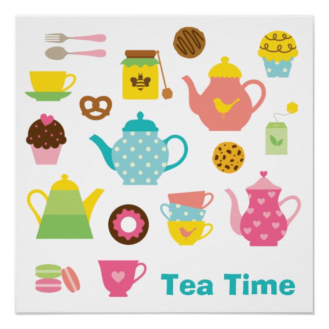 Pôster Tea Time Poster – Cute Pastel Teapots & Sweets (Frente)
