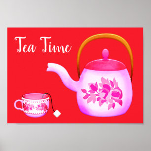 Poster Tea time slogan chá amante do bule de chá Pink V
