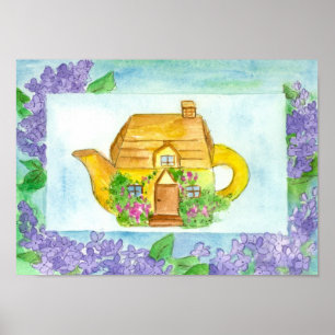 Poster Tea Time Teapot Lilac Watercolor Flowers Cottage