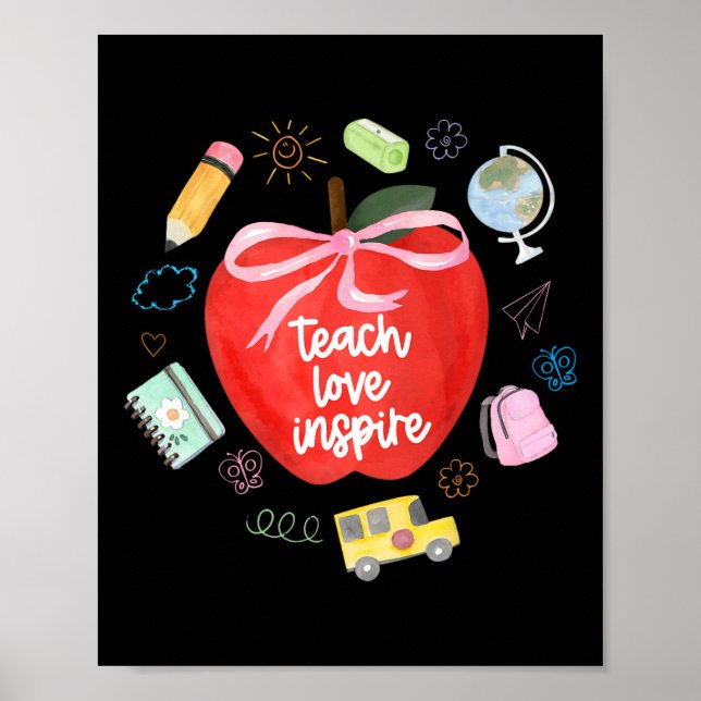 Poster Teach Love Inspire Teacher Coquette Bow Apple Back (Frente)