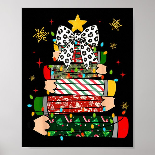 Poster Teacher Christmas Tree Lights Pencil Leopard Print (Frente)