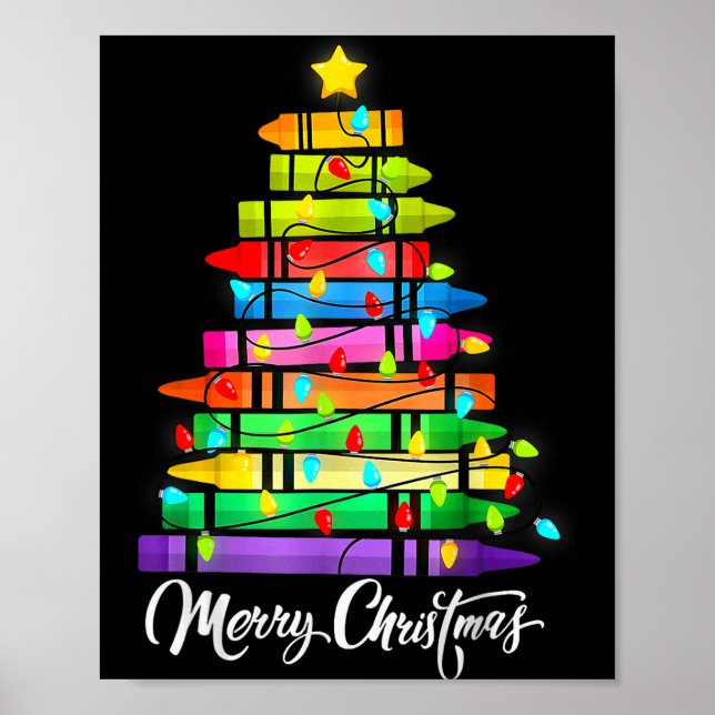 Poster Teacher Crayon Merry Christmas Tree Lights School  (Frente)
